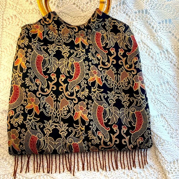St.John’s Bay Boho Style Bamboo Handle Handbag Dark Floral Print - Picture 1 of 5